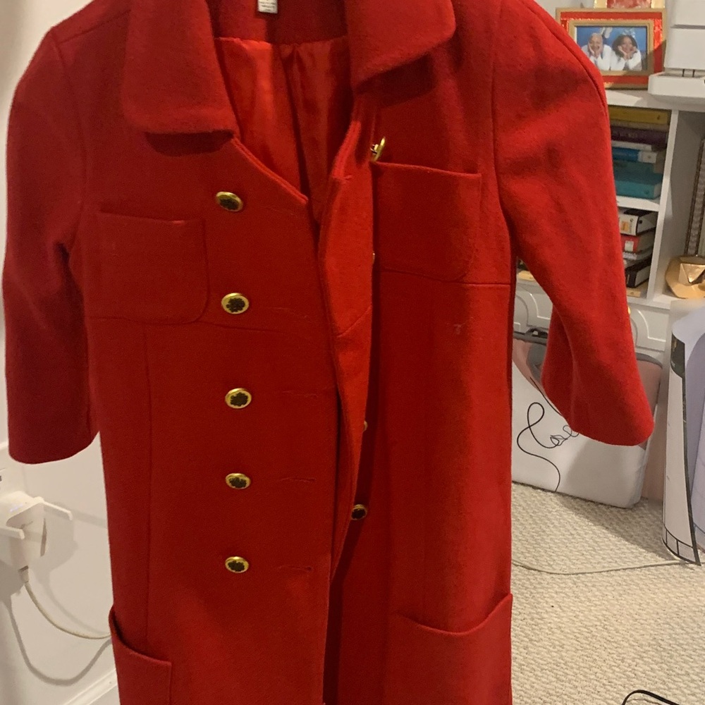 Anthropologie Red Double-Breasted Wool Coat with Gold Buttons
